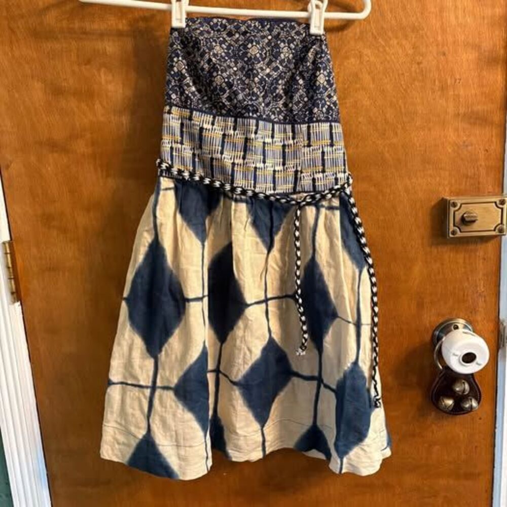 Anthropologie Maeve Magellan Mix Print Belted Strapless Blue Yellow Dress 2XS/S
